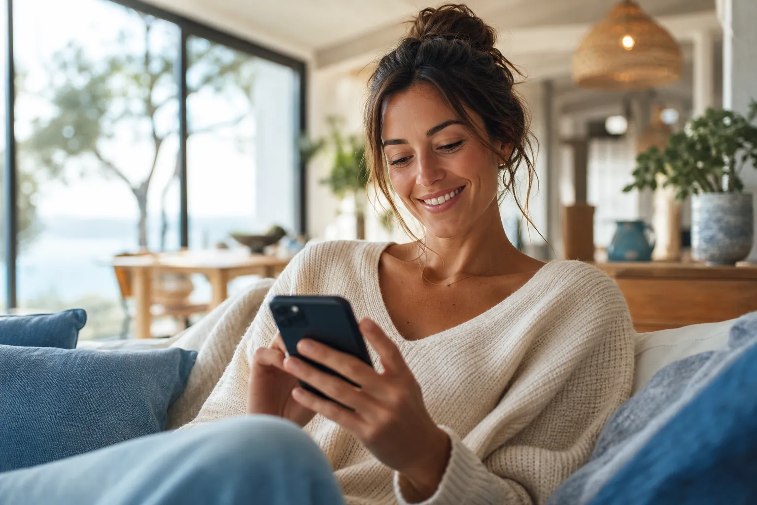 Frau entspannt zu Hause und sieht ihre Gesundheitswerte auf dem Smartphone